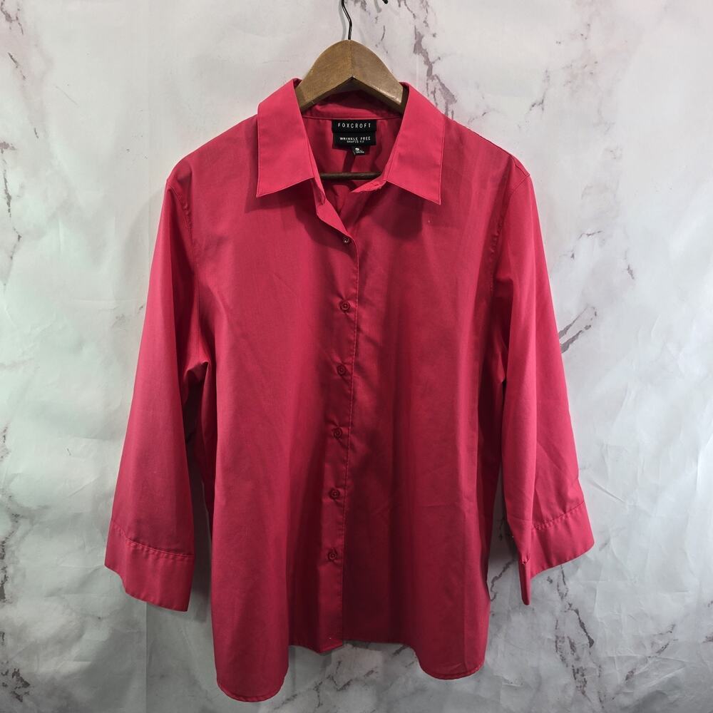 Foxcroft Shirt Womens 16 Pink Button Up Wrinkle Free Non Iron Shaped Fit Long
